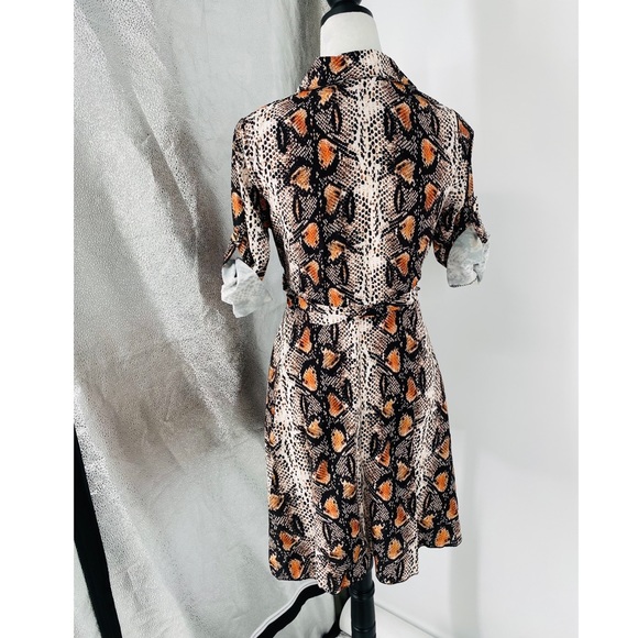 Snake Print Animal Print Long Roll Tab Sleeve Loose Fit Belted Mini Shirt Dress - Picture 11 of 11